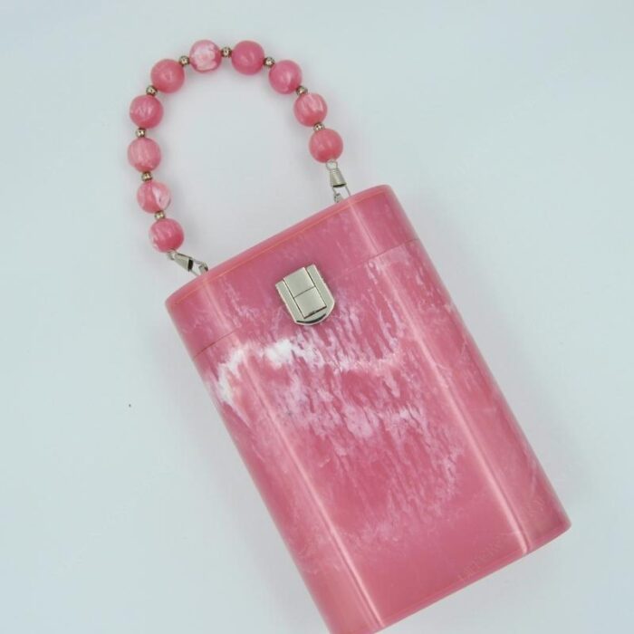 Elegant Pink Resin Bucket Clutch with Detachable Beaded Top Handle & Secure Clasp Lock