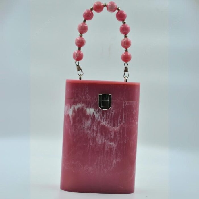 Elegant Pink Resin Bucket Clutch with Detachable Beaded Top Handle & Secure Clasp Lock