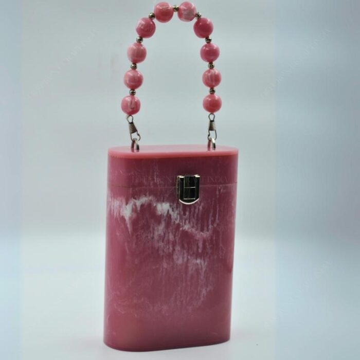 Elegant Pink Resin Bucket Clutch with Detachable Beaded Top Handle & Secure Clasp Lock