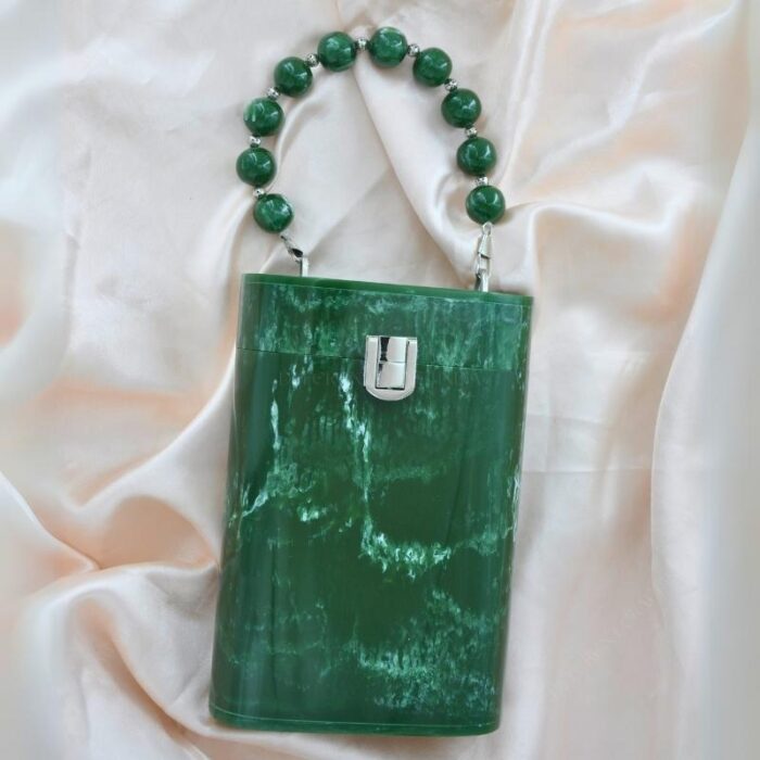 Elegant Green Resin Bucket Clutch with Detachable Beaded Top Handle & Secure Clasp Lock