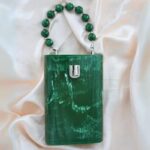 Elegant Green Resin Bucket Clutch with Detachable Beaded Top Handle & Secure Clasp Lock