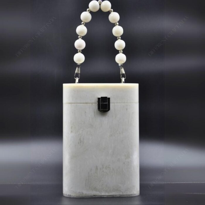 Elegant White Resin Bucket Clutch with Detachable Beaded Top Handle & Secure Clasp Lock