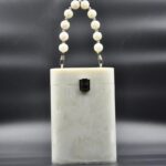 Elegant White Resin Bucket Clutch with Detachable Beaded Top Handle & Secure Clasp Lock