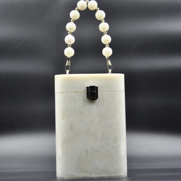 Elegant White Resin Bucket Clutch with Detachable Beaded Top Handle & Secure Clasp Lock