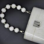 Elegant White Resin Bucket Clutch with Detachable Beaded Top Handle & Secure Clasp Lock