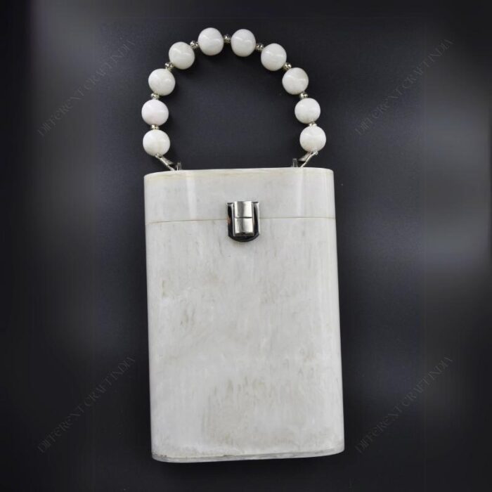 Elegant White Resin Bucket Clutch with Detachable Beaded Top Handle & Secure Clasp Lock