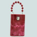 Elegant Red Resin Bucket Clutch with Detachable Beaded Top Handle & Secure Clasp Lock