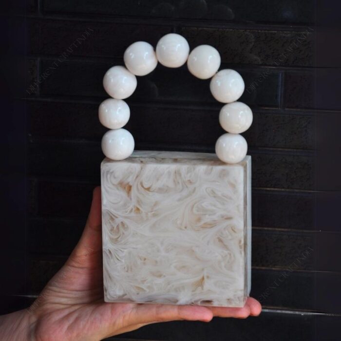 Fashion-Forward White Mini Clutch with Unique Beaded Handle & Detachable Chain Strap