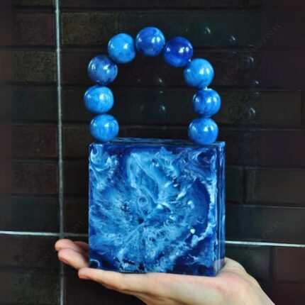 Fashion-Forward Blue Mini Clutch with Unique Beaded Handle & Detachable Chain Strap