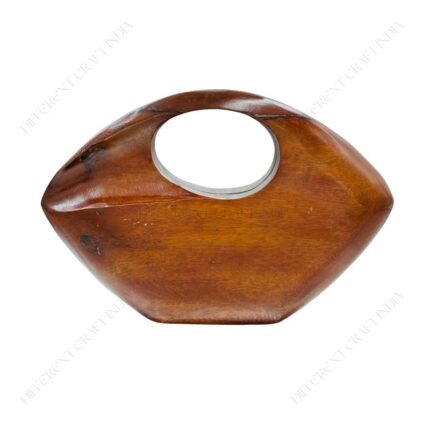 Eye-Shaped Wooden Clutch Purse with Polished Finish and Integrated Circular Handle