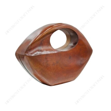 Eye-Shaped Wooden Clutch Purse with Polished Finish and Integrated Circular Handle