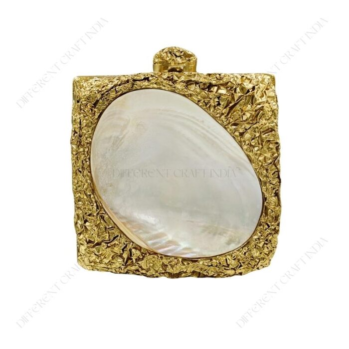 Front view of Golden Crumpled Embellished Purse Shell with Real Inside-Out Mother-of-Pearl Clam Seashell