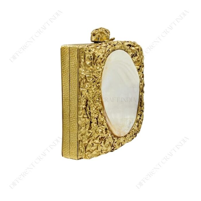 Angle view of Golden Crumpled Embellished Purse Shell with Real Inside-Out Mother-of-Pearl Clam Seashell