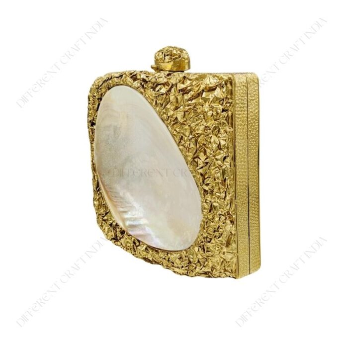 Angle view of Golden Crumpled Embellished Purse Shell with Real Inside-Out Mother-of-Pearl Clam Seashell