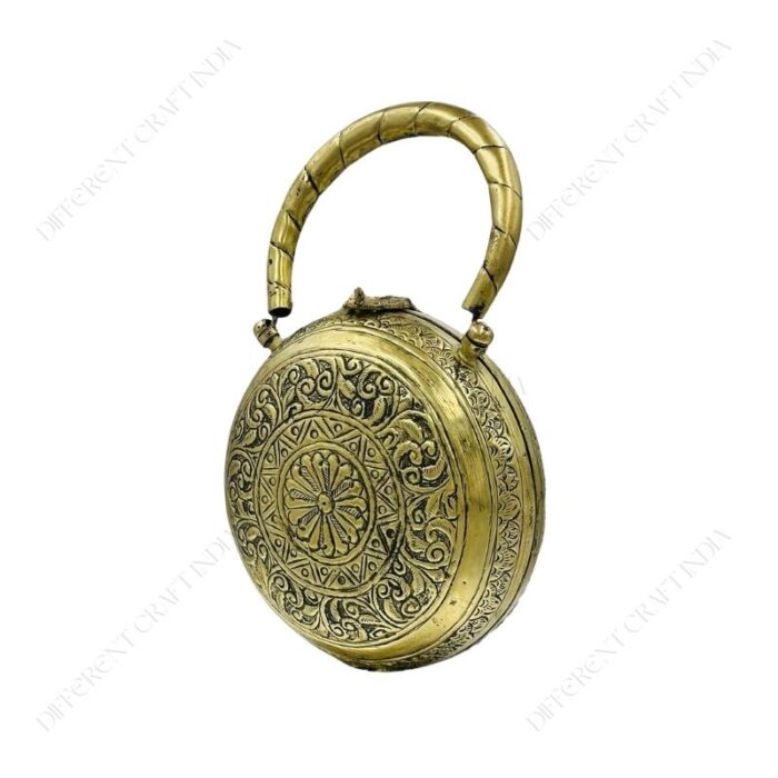 Angle View of Hand embossed Gold Floral Brass Antique clutch with heart-shaped ornate hasp clasp lock