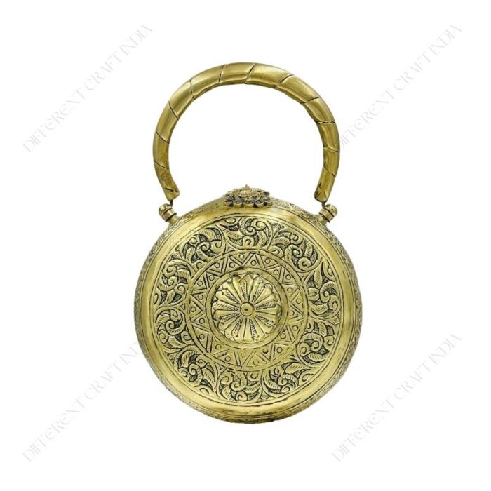 Back View of Hand embossed Gold Floral Brass Antique clutch with heart-shaped ornate hasp clasp lock