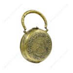 Angle View of Hand embossed Gold Floral Brass Antique clutch with heart-shaped ornate hasp clasp lock