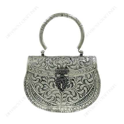 Hand embossed Silver Floral Brass Antique clutch with heart-shaped ornate hasp clasp lock with handle