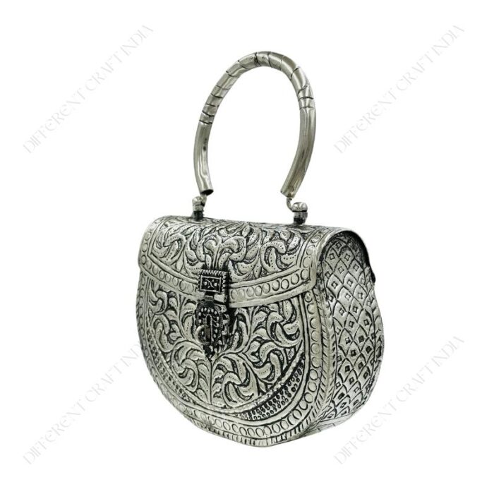 Hand embossed Silver Floral Brass Antique clutch with heart-shaped ornate hasp clasp lock with handle