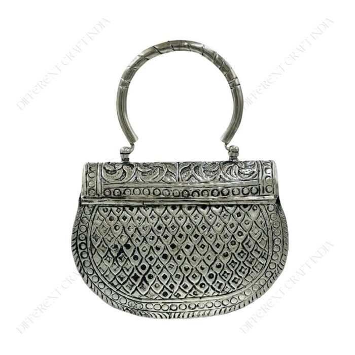 Hand embossed Silver Floral Brass Antique clutch with heart-shaped ornate hasp clasp lock with handle