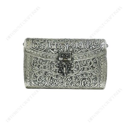 Hand embossed Silver Floral Brass Antique clutch with heart-shaped ornate hasp clasp lock