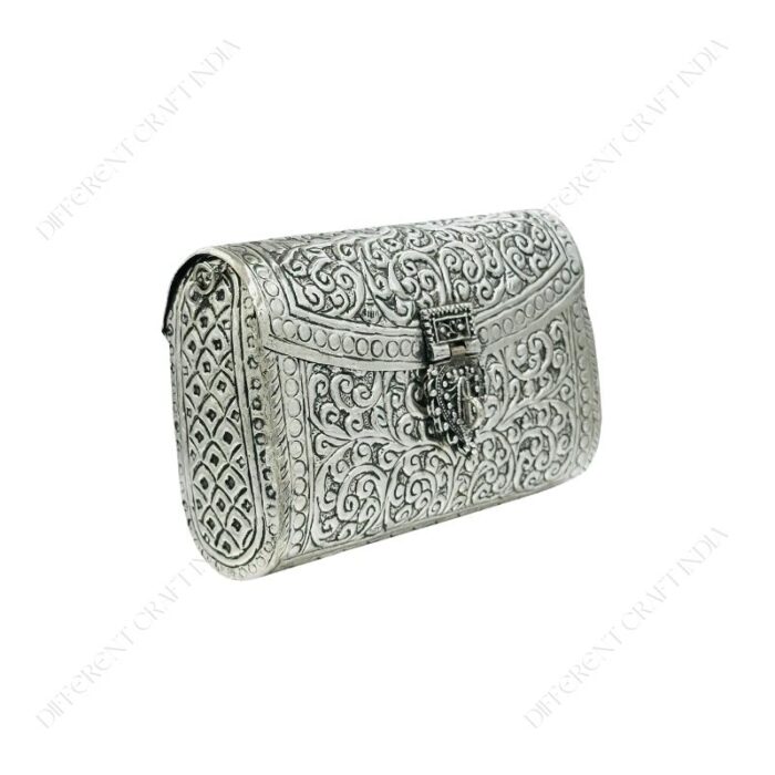 Hand embossed Silver Floral Brass Antique clutch with heart-shaped ornate hasp clasp lock