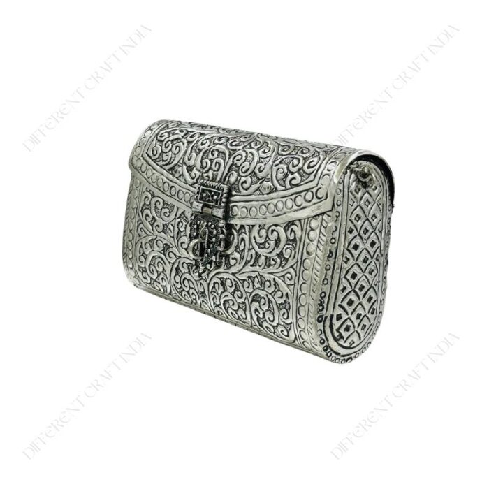 Hand embossed Silver Floral Brass Antique clutch with heart-shaped ornate hasp clasp lock