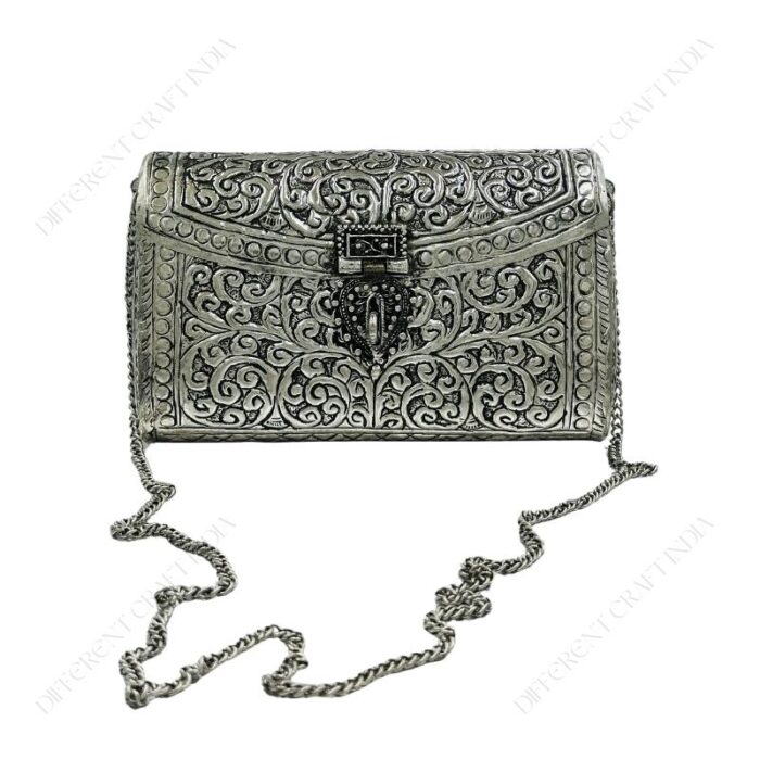 Hand embossed Silver Floral Brass Antique clutch with heart-shaped ornate hasp clasp lock