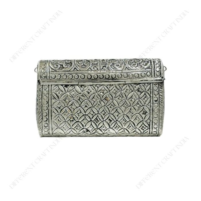 Back View of Hand embossed Silver Floral Brass Antique clutch with heart-shaped ornate hasp clasp lock