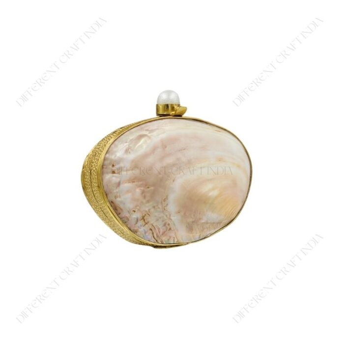 Iridescent Double-Sided Clam Seashell Clutch Purse with Gold-Tone Metallic Frame