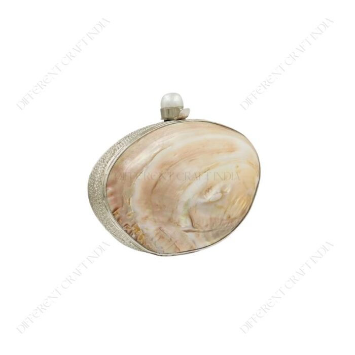 Iridescent Double-Sided Clam Seashell Clutch Purse with Silver-Tone Metallic Frame