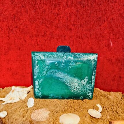 New Dark Green Mini Resin Clutch in a Unique Rectangular Curved Shape with Chain Strap Option