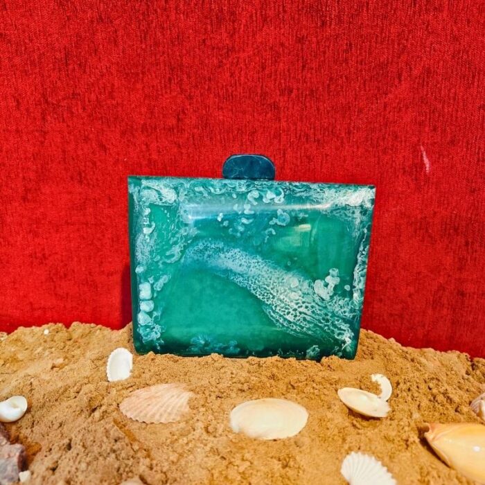 New Dark Green Mini Resin Clutch in a Unique Rectangular Curved Shape with Chain Strap Option