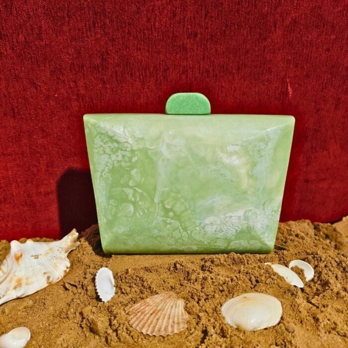 New Light Green Mini Resin Clutch in a Unique Rectangular Curved Shape with Chain Strap Option