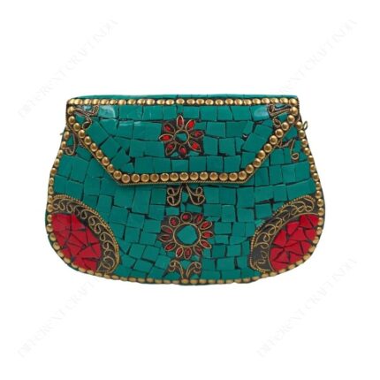 Designer Mosaic Clutch Handbag - Stunning Green Tile Work and Gold Detailing