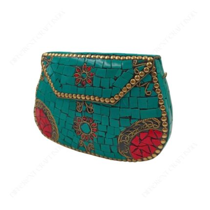 Designer Mosaic Clutch Handbag - Stunning Green Tile Work and Gold Detailing