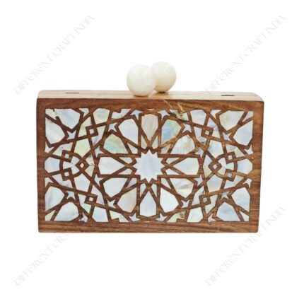 Vintage Wooden Bag with Geometric Mother-of-Pearl Inlay and Unique Faceted Round Knob