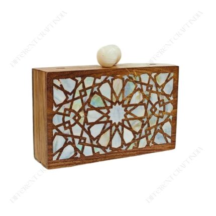 Vintage Wooden Bag with Geometric Mother-of-Pearl Inlay and Unique Faceted Round Knob