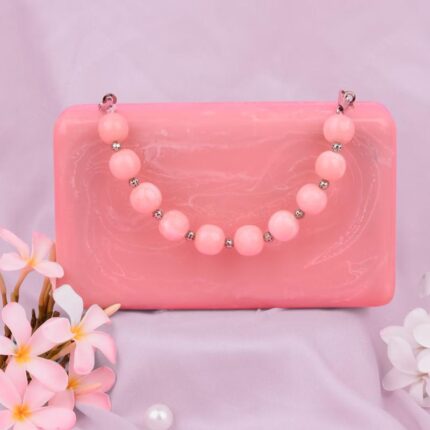 Versatile Pink Resin Bag with Detachable Beaded Handle and Chain Strap for Shoulder Wear