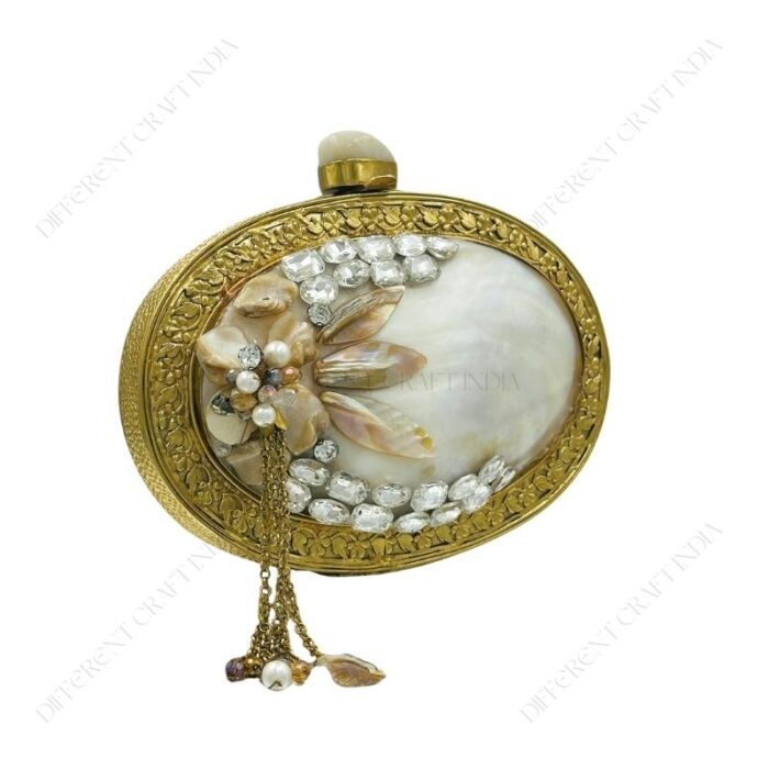 Rhinestone, MOP and Gemstone Embellished Clam seashell clutch bag with Gold Tassel Chain