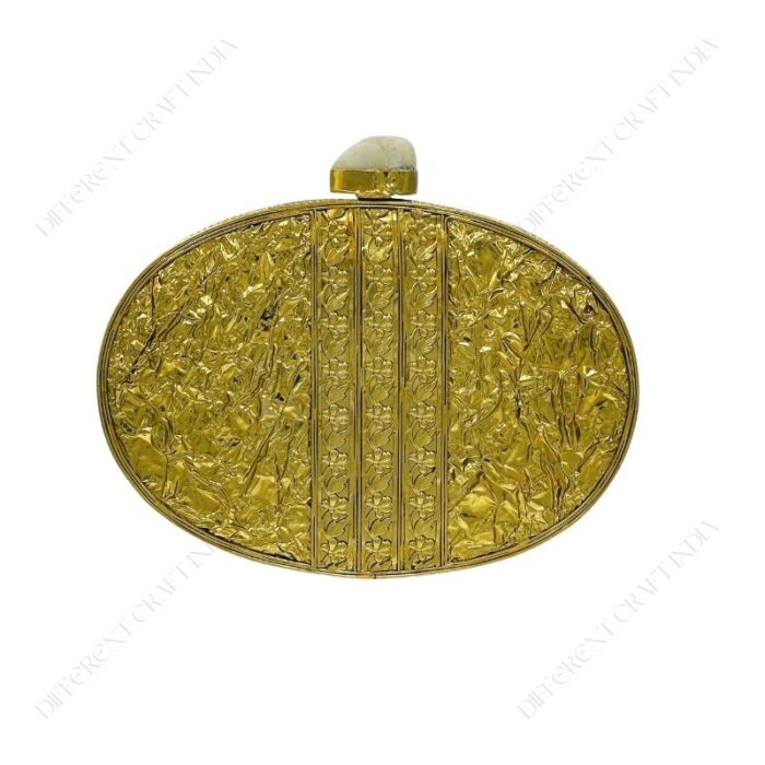 Back view of Bag Shell showcasing the gemstone knob and crumpled brass