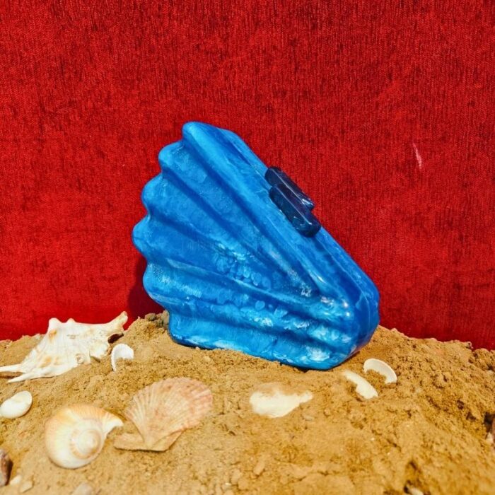 Shell-Inspired Blue Fan Shape Resin Clutch Bag with Detachable Chain Strap for Versatility