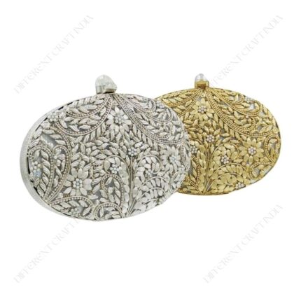 Front view of Gold | Silver Floral Clutch showcasing crumpled brass texture