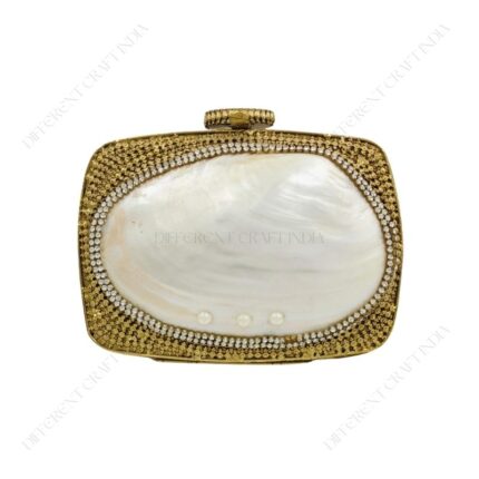 Gold-Pattern Embellished Handbag Shell with Tiny Rhinestones Along the Clam Seashell Edges