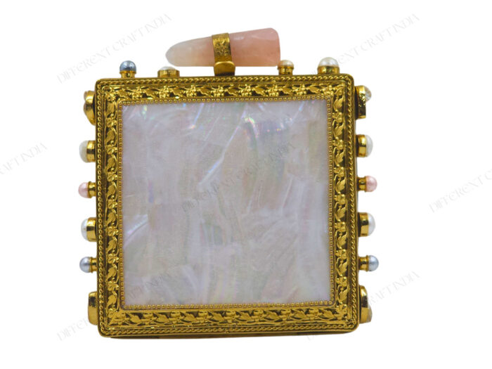 White Mother of Pearl Purse with Gemstone-Adorned Square Frame and Floral Border