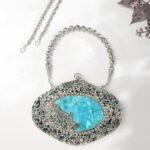 Antique Sky Blue Turquoise Gemstone Bridal Handbag with Ornate Silver Floral Filigree