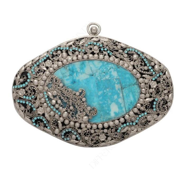 Antique Sky Blue Turquoise Gemstone Bridal Handbag with Ornate Silver Floral Filigree