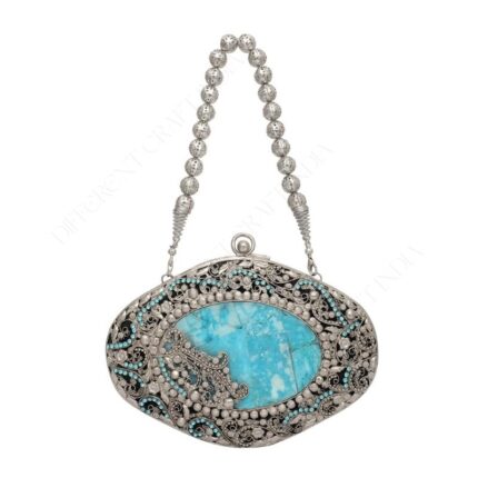 Antique Sky Blue Turquoise Gemstone Bridal Handbag with Ornate Silver Floral Filigree