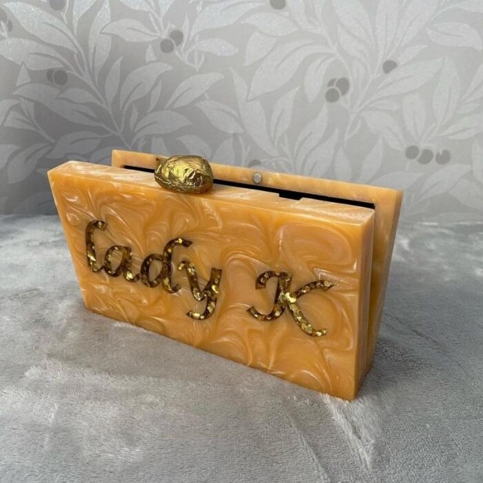 Customised Clutch with Engraved Gold Glitter Name & Gold-Tone Crumpled Metal Knob