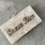 Customized Clutch with Engraved Silver Glitter Name & Silver-Tone Crumpled Metal Knob